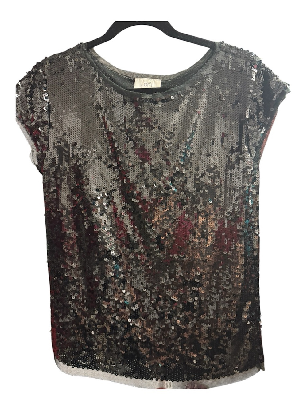 LOFT Black Sequin Short-Sleeve Top